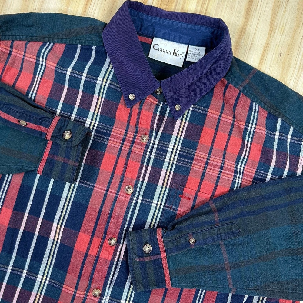 VINTAGE Copper Key Womens Large Button Plaid‎ Long Sleeve Flannel Colorblock